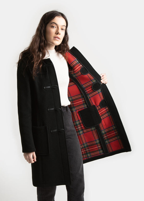 Women's Long Slim Fit Duffle Coat Black Royal Stewart