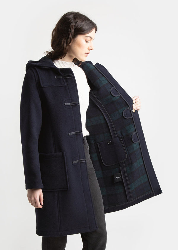 Women's Long Slim Fit Duffle Coat Navy Black Watch